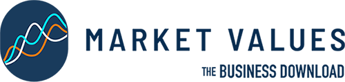 Market Values Logo - Navy blue sans-serif type with oval graphic to left