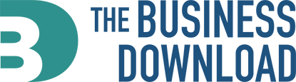 The Business Download Logo - Blue sans-serif type with turquoise oval letter B graphic to left