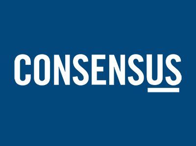 Consensus Logo - White sans-serif uppercase type with white line under US on blue background