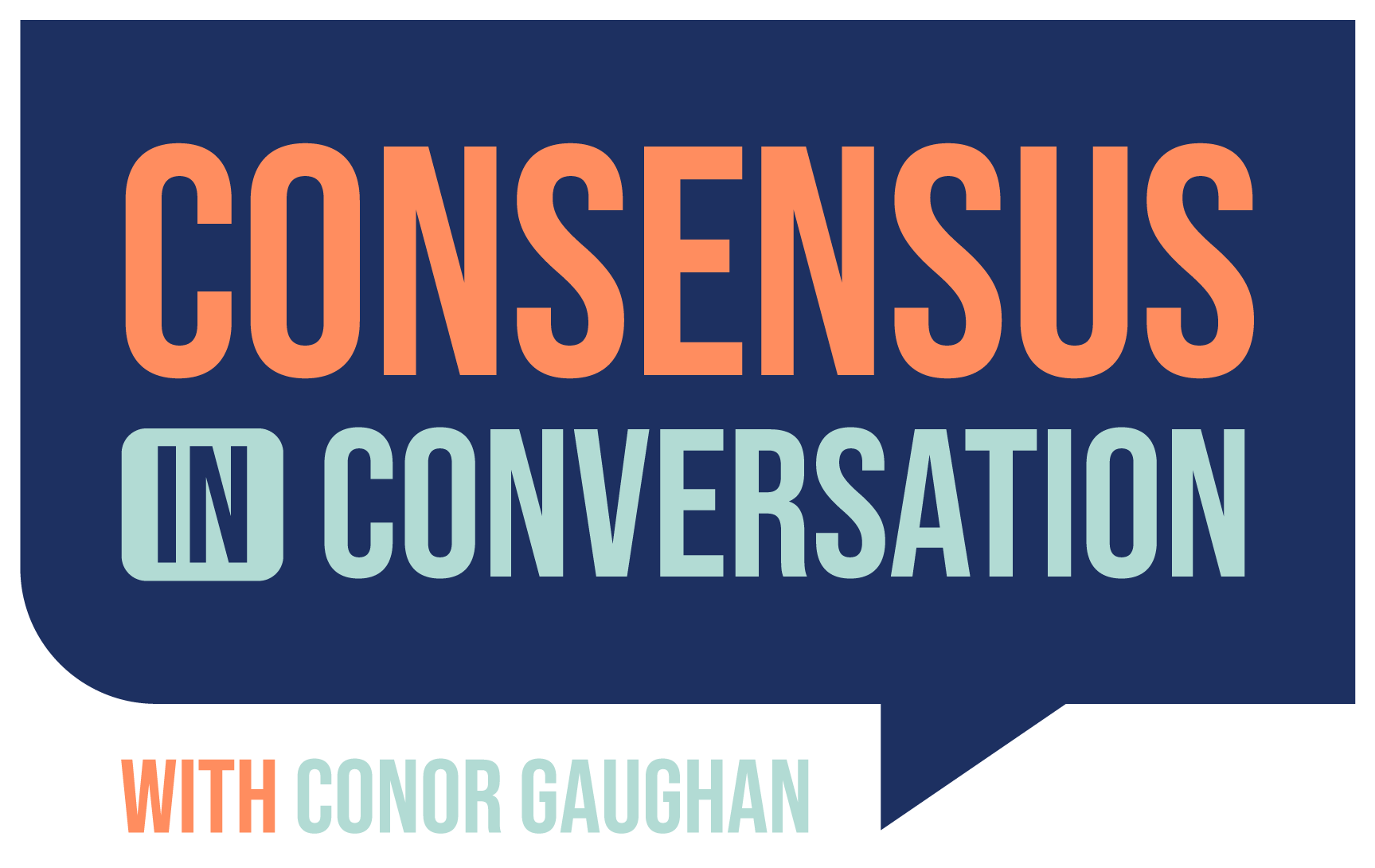 Consensus in Conversation Logo - Dark blue comment bubble with orange and aqua sans-serif type inside