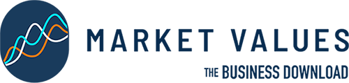 Market Values Logo - Navy blue sans-serif type with oval graphic to left